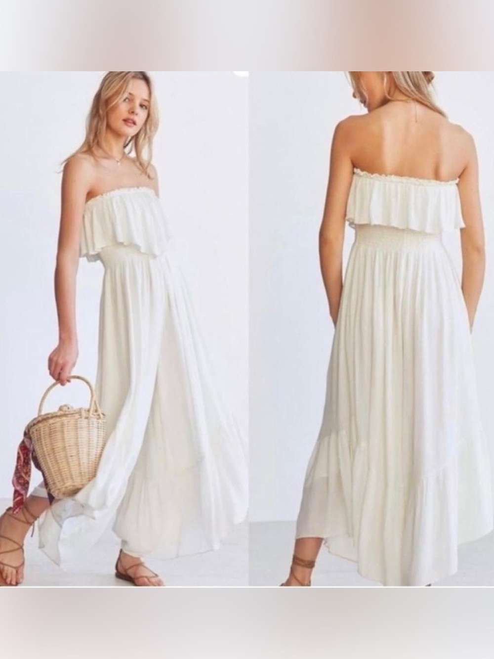Kimchi Blue UO Ivory Cream Tube Ruffle Maxi Jumpsuit